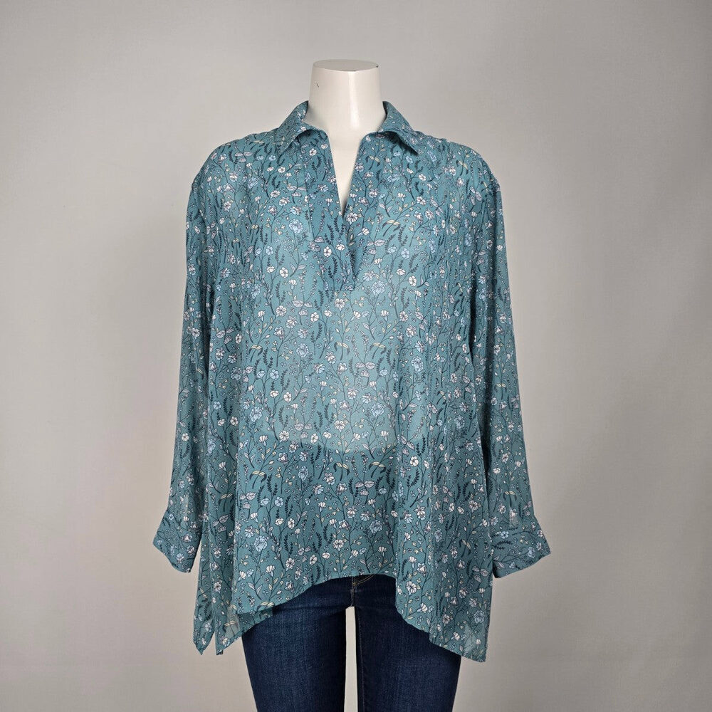 Cabi Blue Floral Sheer Collared High Low Blouse Top Size XS